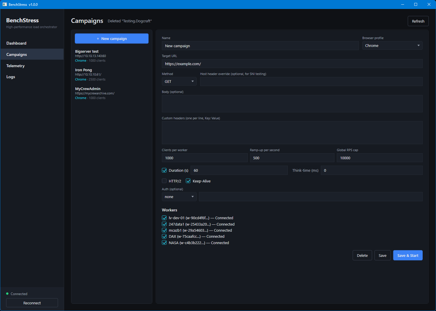 BenchStress campaigns editor showing every request-shaping option